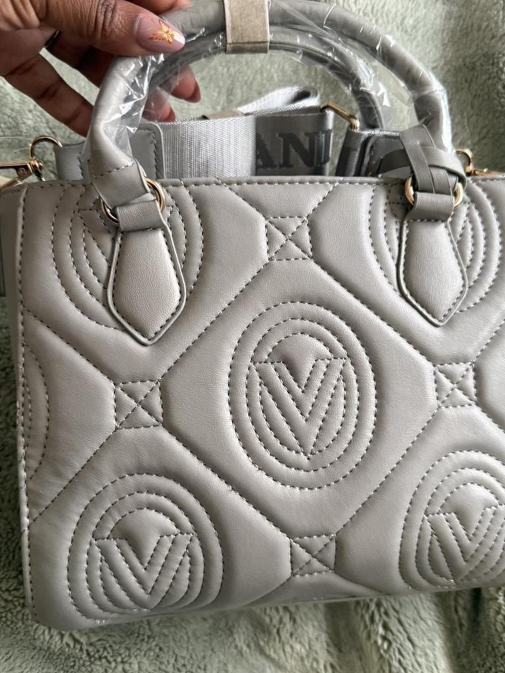 Valentino Orlandi Quilted Light Gray Satchel with Gold Hardware